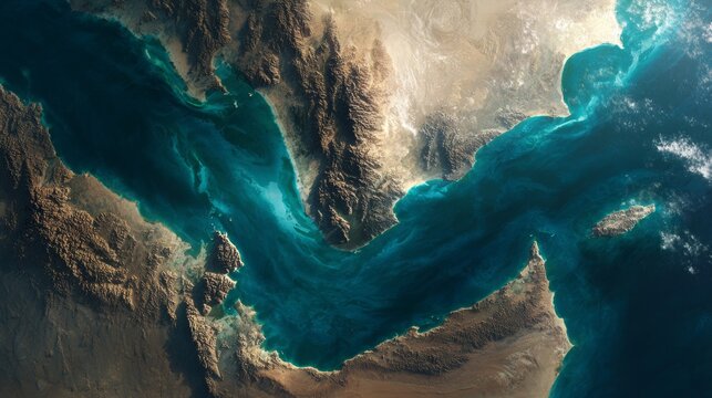 A view of the coastline and water near a large body of ocean with varied landforms and natural features from above