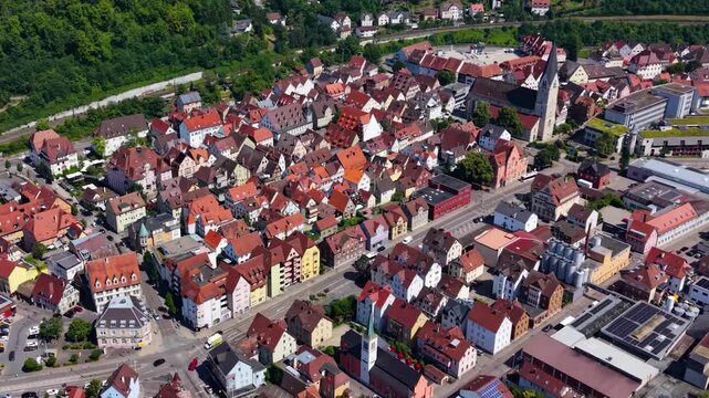 A panoramic aerial view beside the old town in the city Esslingen in Germany on a sunny summer afternoon. 