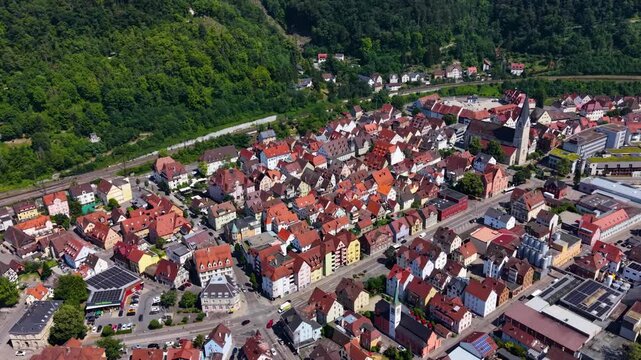 A panoramic aerial view beside the old town in the city Esslingen in Germany on a sunny summer afternoon. 