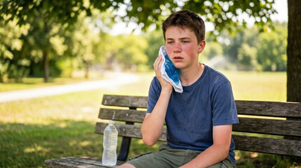 Fototapeta premium Teenage boy applying cold compress to red face for cooling down outdoors, sitting on park bench for heat relief in hot weather, useful for first aid guides and wellness content