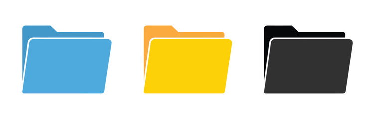 Folder Icons Set: A collection of three distinct folder icons in blue, yellow, and black, representing organization and data management. © Vector By Thakur