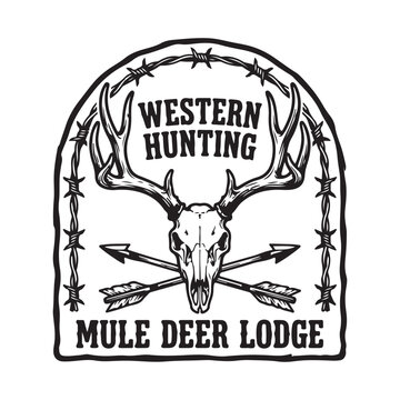 Western hunting mule deer skull emblem with barbed wire