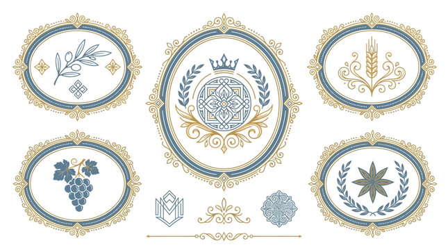 Elegant Emblem Set: Laurel wreaths, crown, olive branch, wheat, grape bunch