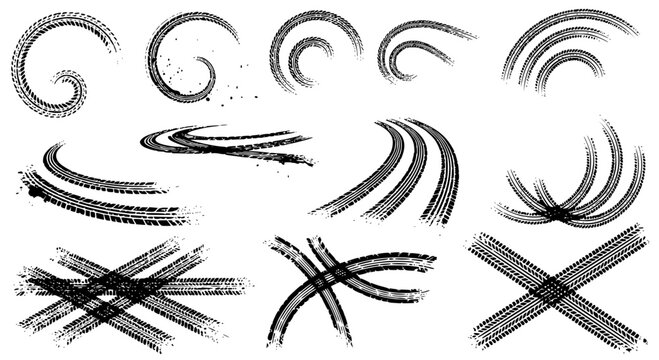 Tire tread marks after skidding, launch, drift, powerslide in motorsport, rally, off-road, motocross. Wheel texture with splash effect. Vector, transparent SVG version.