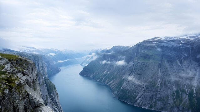 断崖絶壁から望むフィヨルドのパノラマ / Panoramic view of a fjord from a steep cliff edge (Generative AI)