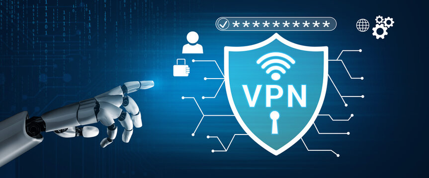 Robot Hand Interacting with Virtual VPN Shield Symbolizing Cybersecurity and Online Privacy in Digital Environment Haptic.