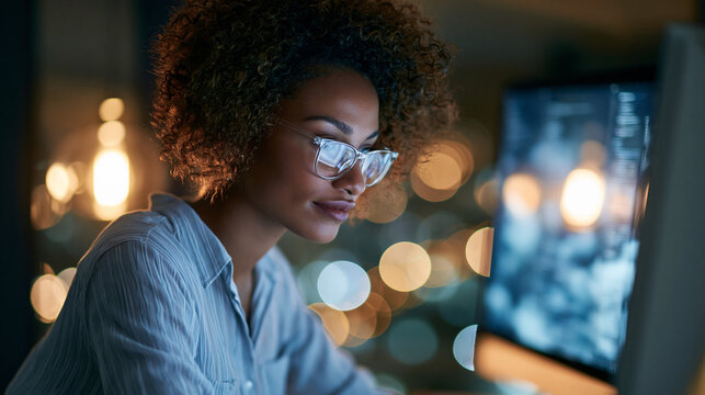 Attractive woman at a computer bathed in neon reflections at night coding and cloud computing concept vivid neon depth cybersecurity software development with copy space