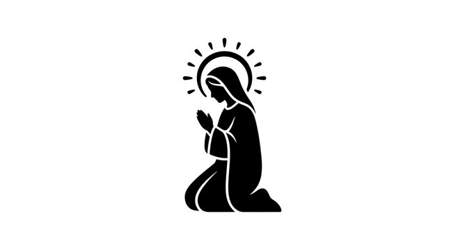 Spiritual silhouette of the Virgin Mary kneeling and praying with a holy halo, black and white vector illustration.