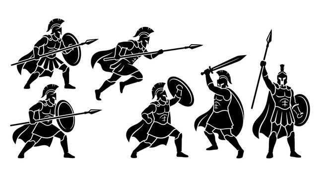 Ancient Greek Spartan or Roman warrior silhouette set. Collection of gladiator and soldier vectors in combat poses with spears, swords, shields, helmets, and capes.