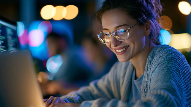 Attractive woman at a computer bathed in neon reflections at night coding and cloud computing concept vivid neon depth cybersecurity software development with copy space