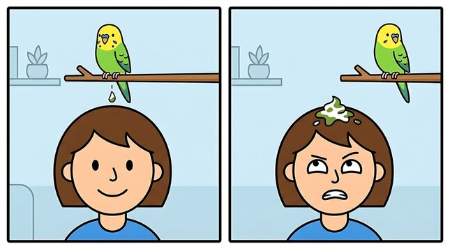Funny cartoon comic strip panel of a cute green budgie bird pooping on a woman's head from a branch, showing her angry reaction, funny pet humor concept.