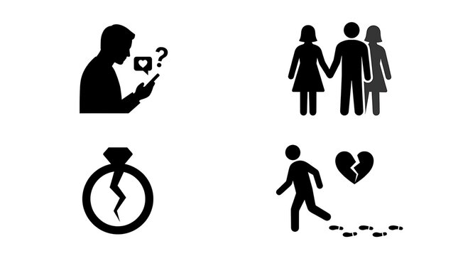 Relationship problems icon set detailing infidelity, breakup, online dating doubt, and divorce.