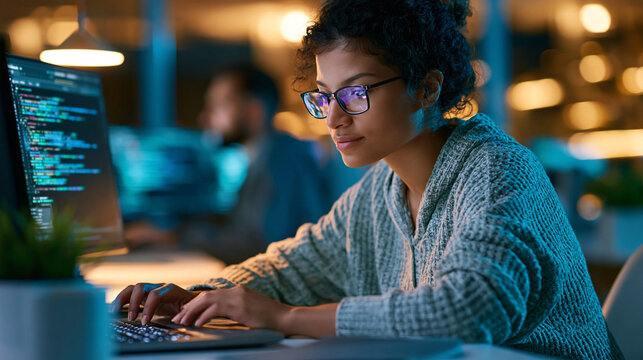 Attractive woman at a computer bathed in neon reflections at night coding and cloud computing concept vivid neon depth cybersecurity software development with copy space