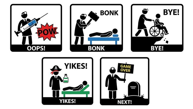 Dark humor infographic comic set depicting a funny bad doctor character making medical mistakes, featuring massive syringe, hammer, wheelchair cliff drop, poison, and grave.