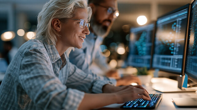 Attractive engineers using a glowing node editor for business development in a bright tech office candid collaboration artificial intelligence research with copy space