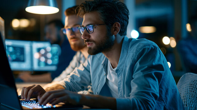 Attractive engineers using a glowing node editor for business development in a bright tech office candid collaboration artificial intelligence research with copy space