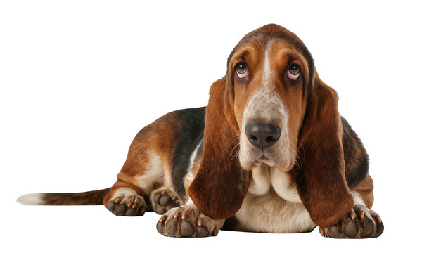 Isolated Basset Hound dog with sad expressive eyes looking up, lying down peacefully
