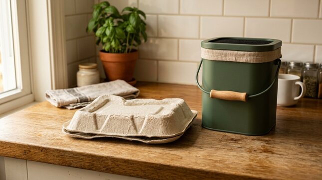 Compostable clamshell box being flattened for composting | Eco-Friendly Sustainable Packaging Stock Photo