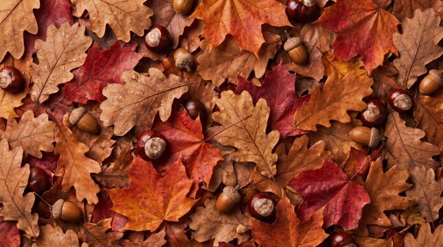 Autumn composition of dry maple leaf, oak leaf, acorn and chestnut viewed from above. Rich harvest texture background for Thanksgiving and fall season design. Natural rustic backdrop.