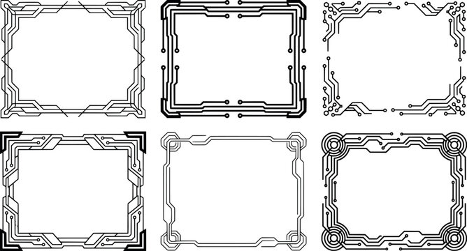 Set of six digital technology circuit board frames with futuristic electronic patterns and data connection lines transparent background