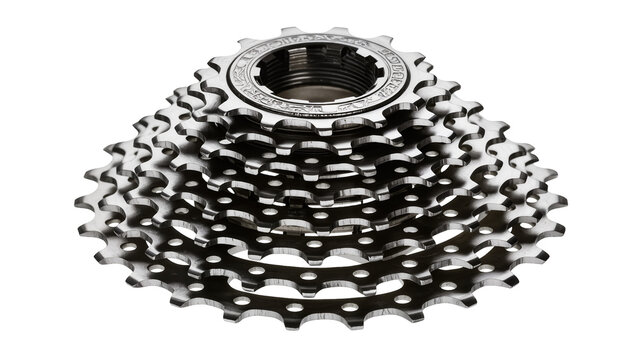 Isolated new shiny bicycle cassette gear set for road or mountain bikes, component detail