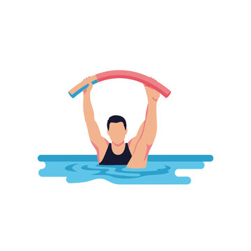 Vector illustration of diverse group of people performing aqua aerobics exercises with foam pool noodles in a bright swimming pool environment for health and fitness promotion.