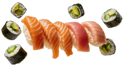 Isolated delicious fresh sushi set featuring salmon and tuna nigiri, alongside avocado maki rolls © Gabriel