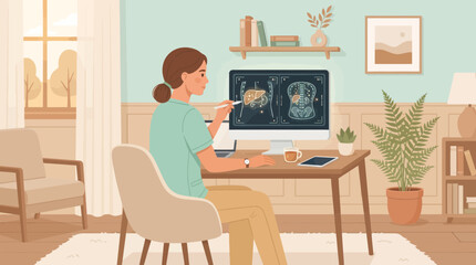 Fototapeta premium Doctor examines MRI scan on computer, remote work, medical study
