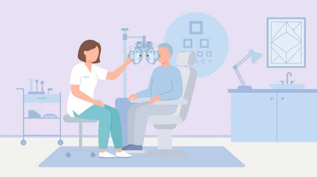 Eye Exam Illustration: Doctor checks patient's vision with phoropter in clinic