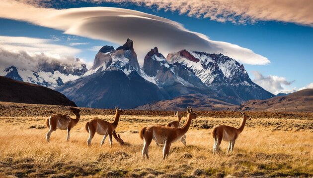 Guanacos Grazing In Front Of Torres Del Paine Mountain Range With Lenticular Clouds