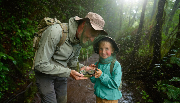 Father and son enjoy a hike in the forest while wearing head nets to keep away gnats during their outdoor adventure