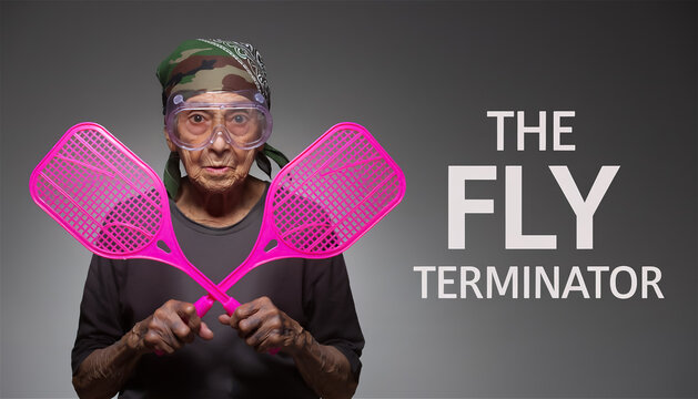 Fierce grandma holds two fly swatters in a strong pose, ready for action at home in the afternoon sunlight