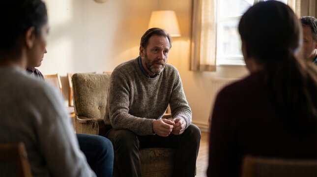 Serious bearded man wearing a sweater talking and sharing his feelings while sitting in a circle during a group support meeting