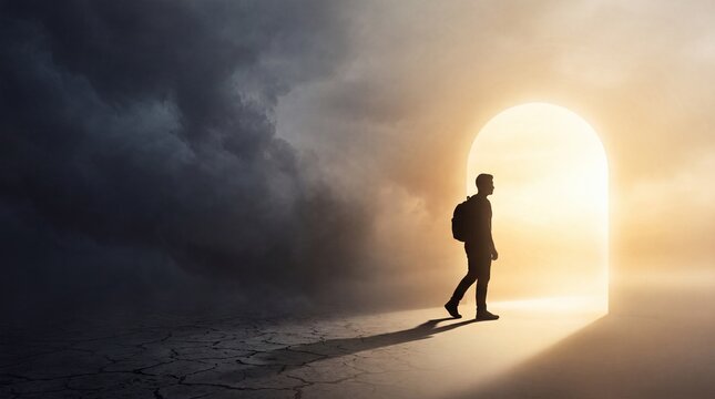 A man's silhouette with a backpack walks towards a glowing arch in a dramatic scene, transitioning from darkness to light and new opportunities, symbolizing hope and future.