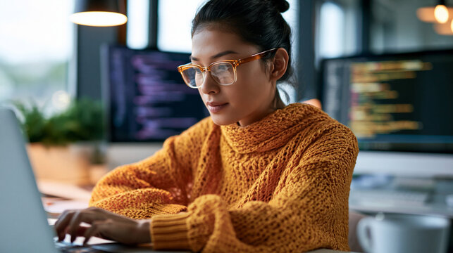Attractive female programmer working on a laptop while coding on a desktop in a bright office candid focus graphic design technology with copy space