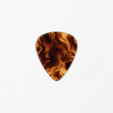 Guitar pick with a marbled brown design on white background  
