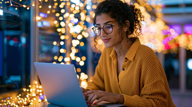 Attractive young woman using a laptop in a glowing server room vivid neon depth programming fluency IT administration technology with copy space