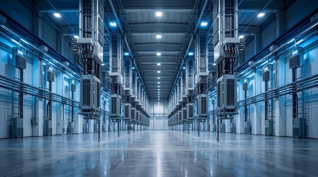 Interior of a Vast Clean Converter Hall With Rows of Suspended Thyristor Valve Columns and Blue Toned Lighting High Voltage HVDC Facility
