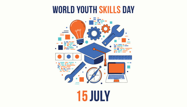 Graphic illustration celebrating world youth skills day with educational icons