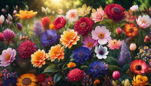Fiori Vibranti E Diversi In Piena Fioritura Su Uno Sfondo Lussureggiante Che Mette In Risalto La Bellezza Della Natura