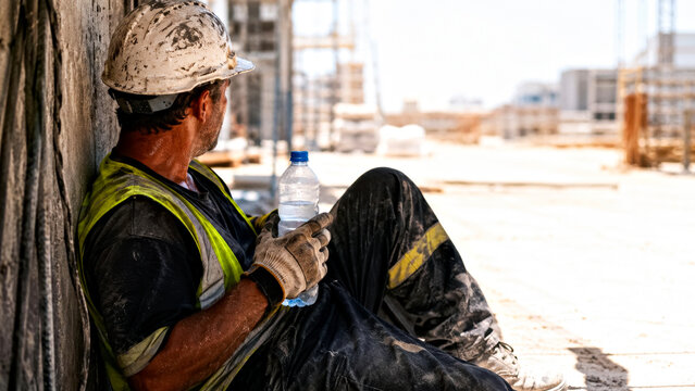 Construction Worker Leans Against a Wall Beside a Construction Site, Holding a Cold Water Bottle