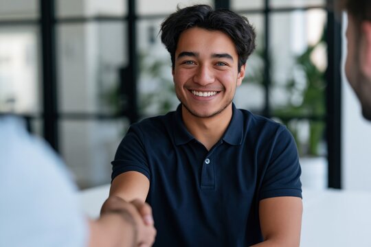 Young professional man smiling and shaking hands in a modern office setting for corporate banner and business meeting background
