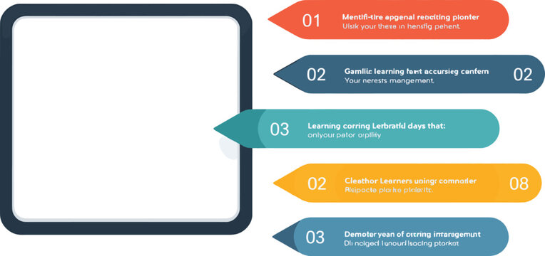 Five step management process infographic with dark box element management, rectangle arrow stack with circle edge with 5 point list