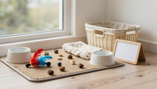 Indoor pet enrichment station with puzzle toy and snuffle mat