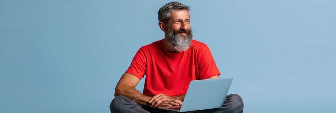Bearded middle aged man with laptop seated on blue background in red t shirt for website background and remote work banner design
