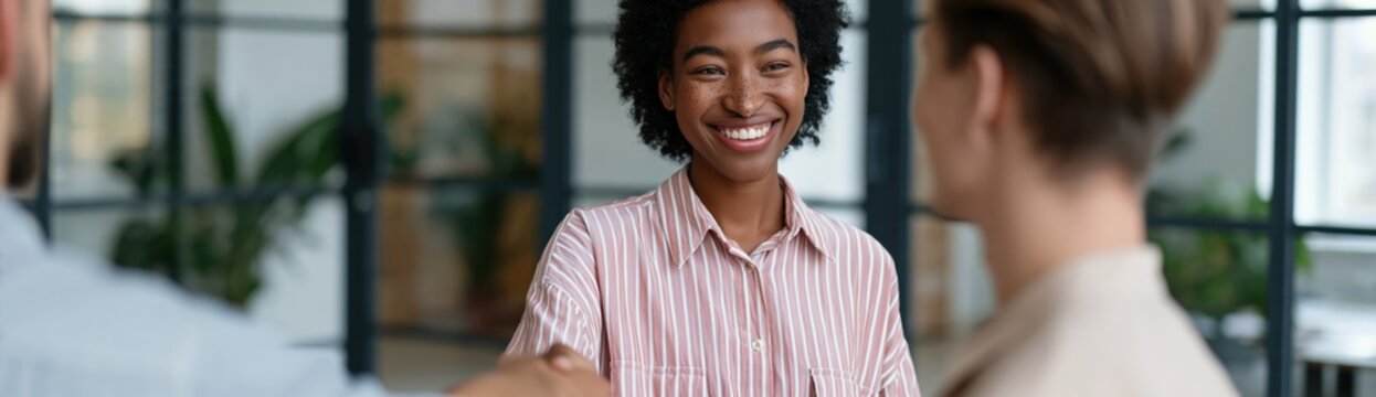 Young woman shaking hands with interviewers for hiring meeting background and recruitment banner