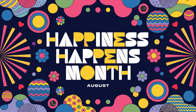 Colorful happiness happens month typography design with vibrant retro graphic elements