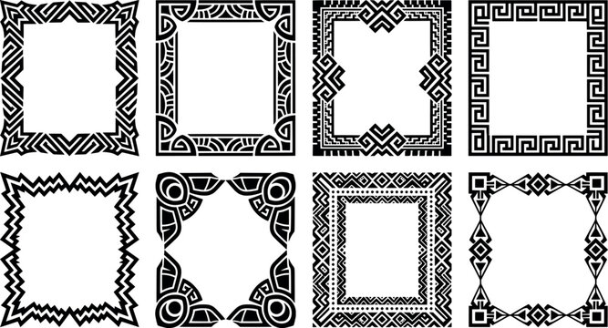 Set of rectangular decorative frames featuring various ethnic, greek key, and geometric border patterns for graphic design transparent background