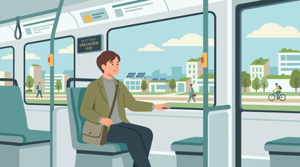 Fototapeta premium Commuter on bus window seat looking at modern city, eco-friendly transport concept