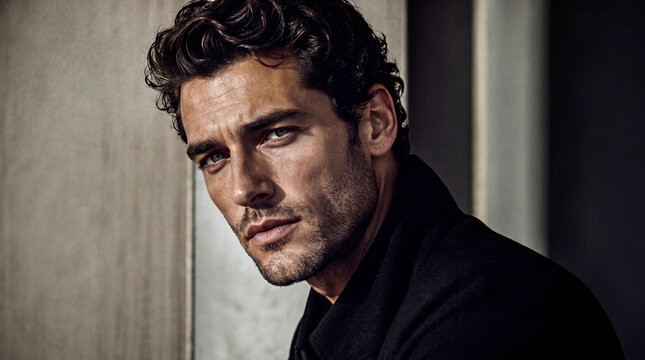 Close-up portrait of a handsome and confident young man with stylish dark hair and stubble, wearing a black coat. High-end fashion editorial style with dramatic lighting and a modern concrete backgrou